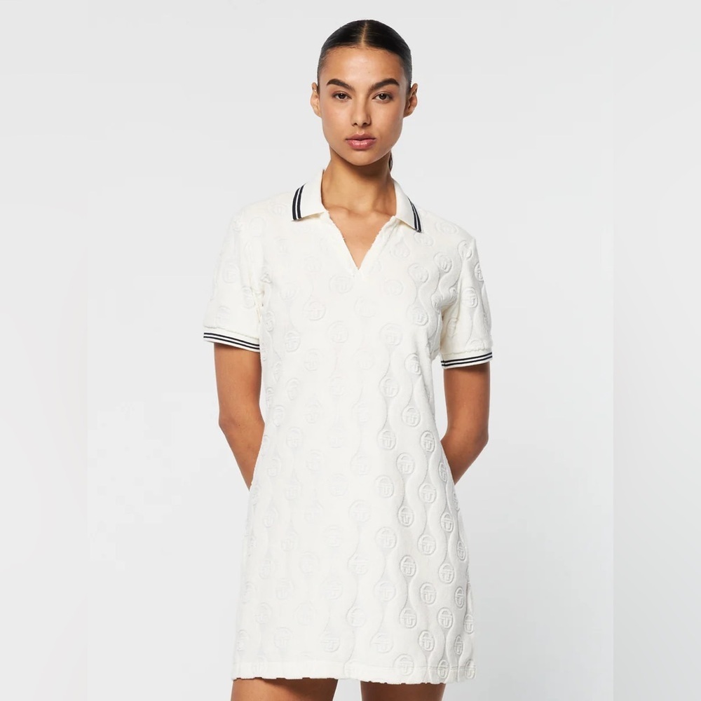 Sergio Tacchini Zona Tennis Dress in Gardenia Ivory Monogram Terry Cloth Size M